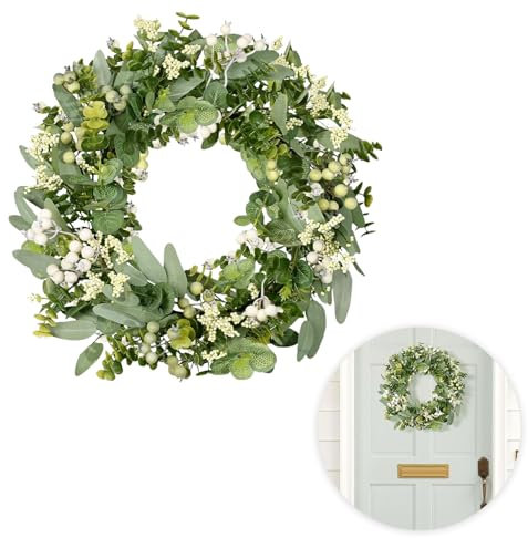 Summer door wreaths outdoor, Lifelike Spring Summer Green Wreath Decor (46cm), All-Year Outdoor Door Wreaths for Farmhouse Wedding Window Wall Fireplace Decoration