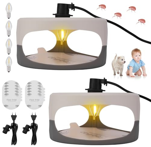ALLOMN Flohfallen für Zuhause, 2 Pack Flohfallenlampen mit 10 Klebeaufklebern für Schlafzimmer Wohnzimmer Hauswirtschaftsraum Küche, Flohlichtfallen mit 4 Glühbirnen für Mücken Motten Früchte