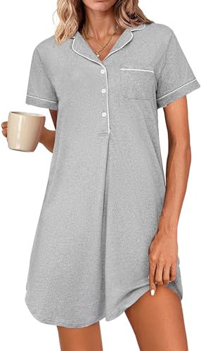 Jahetuul Camicia da Notte Donna Manica Corta Cotone Maglietta da Notte Estiva Camicia da Notte con Bottoni Biancheria Morbida Sleepshirt Négligé