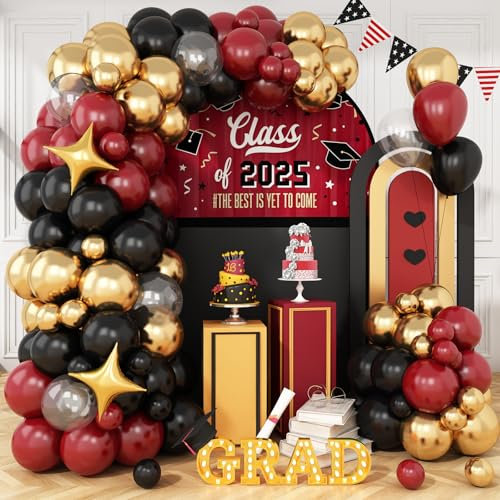 Schwarzes, burgunderrotes goldenes Ballonbogen-Set, kastanienbraun-rot, schwarz, klare Ballon-Girlande mit metallischen Goldballons, Stern-Folienballon, für Abschlussfeier, Kinder, magischer
