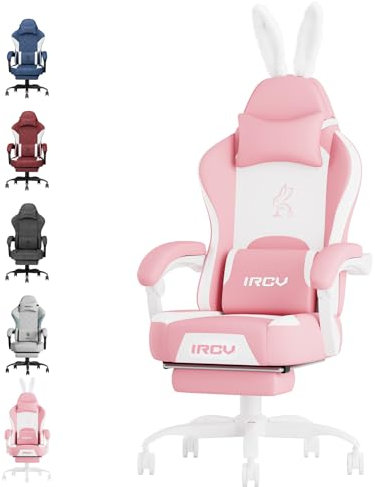 IRCV Pink Gamer Chair Gaming Chair for Adults, High Back PU Leather Kawaii Computer Office Chair with Footrest & Lumbar Support, 145° Reclining Chair, Headrest, Wide Seat, Gift, Pink-White
