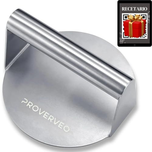 PROVERVEO Smash Burger de Acero Inoxidable + Recetario de Hamburguesas | Prensa Hamburguesas | Smasher Redonda | Burger Press | Aplastador Profesional Antiadherente |