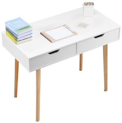 VEVOR Petit Bureau avec tiroirs pour Chambre à Coucher, Table d'étude Simple en Bois pour Dessiner, Lire et écrire, Bureau d'ordinateur rectangulaire en MDF avec Rangement, pour Maison, Blanc et Bois