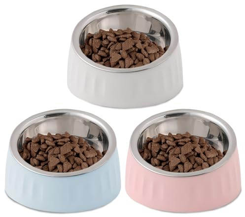 WIYETY 15° Schräg Edelstahl Katzennapf: Fressnäpfe für Katzen, 280ML Futternäpfe Katzenfutter, Katzennapf Erhöht, Herausnehmbarem Edelstahlnapf für Katze Welpe Futter und Wass (Blau Rosa Weiß)