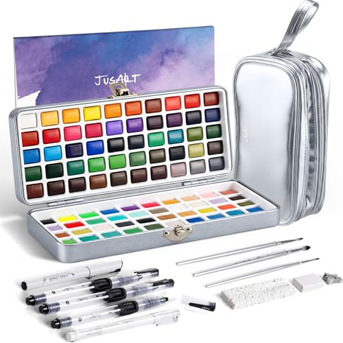 JusArt Juego de pintura de acuarela de 100 colores, juego de acuarela de viaje, suministros de arte con color metálico, pinceles de pintura de detalles, bolígrafos de agua para adultos, artistas
