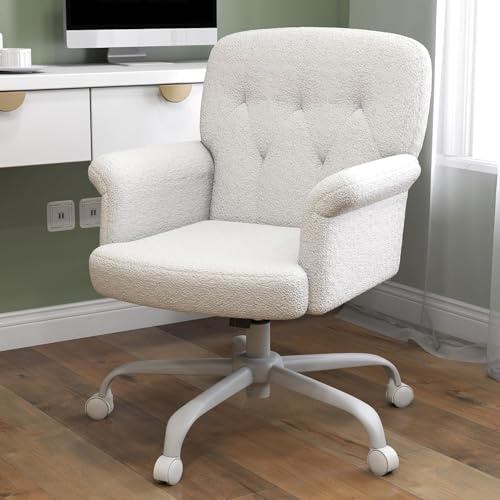 ZZH Schreibtischstuhl für das Home Office, bequemer, gepolsterter, Flauschiger Schminkstuhl mit Rädern und Armlehnen, süßer, drehbarer Computersitz aus Teddy-Samt für Schlafzimmer, Make-up, Weiß