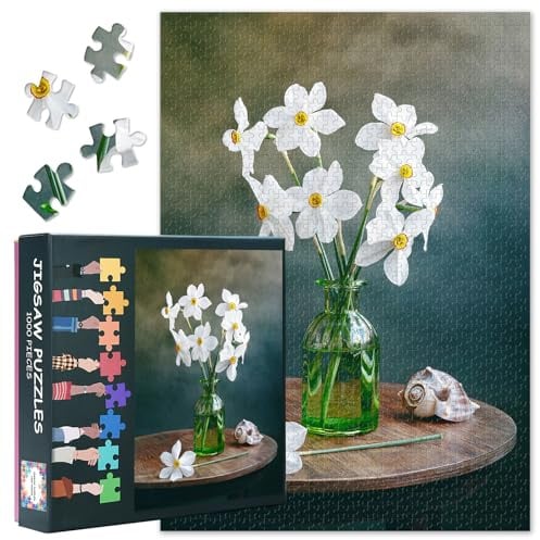 Puzzles für Erwachsene 1000 Stück Vase, Jigsaw Puzzle 1000 Teile weiße Blumen, Herausfordernde Puzzle-Spiele für Frauen Home Decoration Geschenk Größe 70 x 50 cm