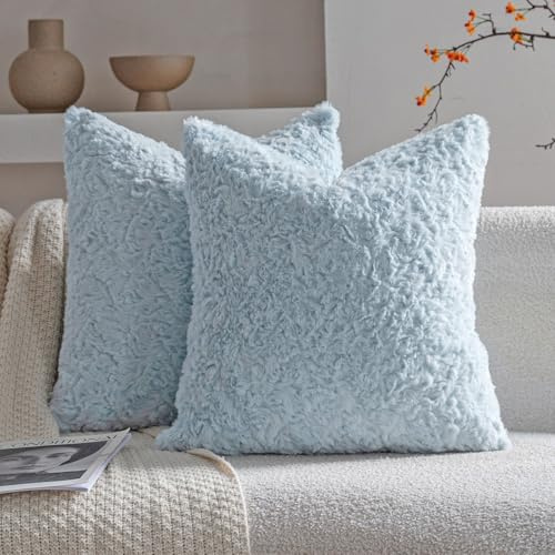 Neelvin 2er Set Kissenbezug Kunstpelz Pelz Plüsch Dekorative Kissenbezüge Sofakissen Kuschelig weich Couchkissen Dekokissen für Couch Sofa Wohnzimmer Schlafzimmer blau 45 x45 cm