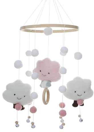 Baby Mobile mit Filzbällen, 3D Wolken Bettglocke für Babybett - Hängende Spiel Dekoration für Kinderzimmer und Kinder Bett Geschenke (Rosa,)