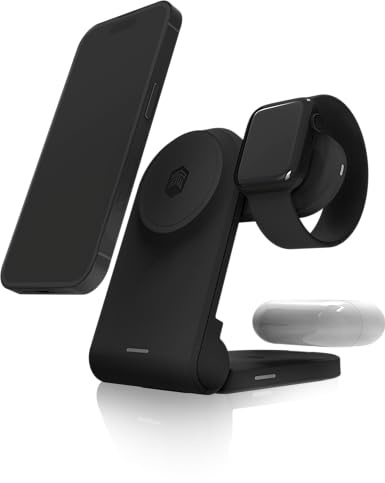 STM ChargeTree Mag Tragbare Qi2-3-in-1 Tragbare Kabellose Ladestation für iPhone 17, Samsung, Android (15W), AirPods (5W), Apple Watch (3W) - Qi-Zertifiziert - Inklusive USB-Kabel - Schwarz