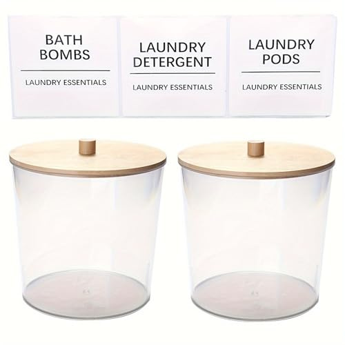 Rangement Lessive Liquide en Capsules Grand récipient à linge transparent for organiser le , pots distributeurs en plastique avec 3 couvercles bambou et étiquettes(Clear 2pcs)