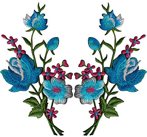 Pair of Flower Embroidered Patches Iron Sew On Floral Patch Craft Applique Motif