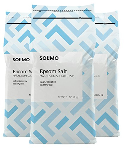 Amazon Brand - Solimo Epsom Salt Soak, Magnesium Sulfate USP, Relaxing Bath Soaking Aid, Unscented, 8 Pound, Pack of 3, Resealable Bags