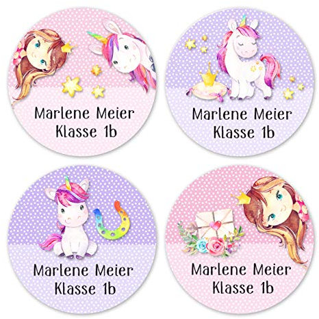 Papierdrachen 24 individuelle Namensaufkleber zum Markieren von Heften und Schul-Büchern - Einhörner und Prinzessinnen - personalisierte Sticker für Kinder - Geschenk zur Einschulung