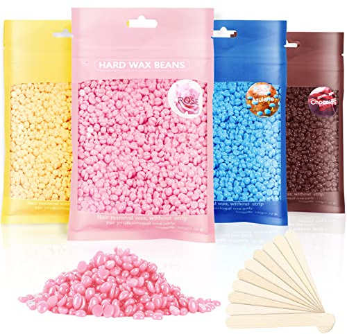 Wachsperlen, Wachswärmer Haarentfernung 4 Stück Harte Wachsen Bohnen & 10 Stück Applikator Sticks für Ganzkörper Enthaarung, Heißwachs, Brazilian Waxing, Beine, Gesicht und Arme