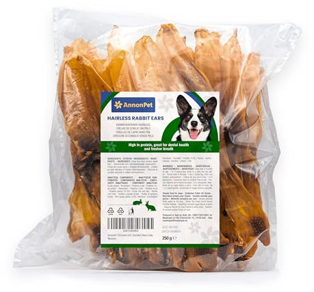 AnnonPet® 250 Grammi di Orecchie di Coniglio senza Pelo a Basso Contenuto di Grassi | Spuntino da Masticare per Cani | Dieta Barf | Made in Italy