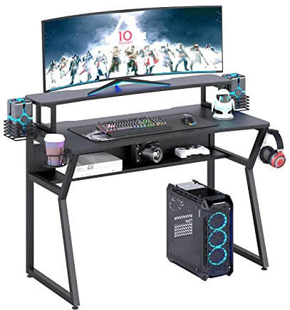 TREETALK Gaming Desk, Computer Desk with Monitor Stand and Open Shelf, PC Laptop Gamer Table Workstation with Cup Holder, Headphone Hook, 2 Speaker Stand for Home Office (Black Carbon Fiber)