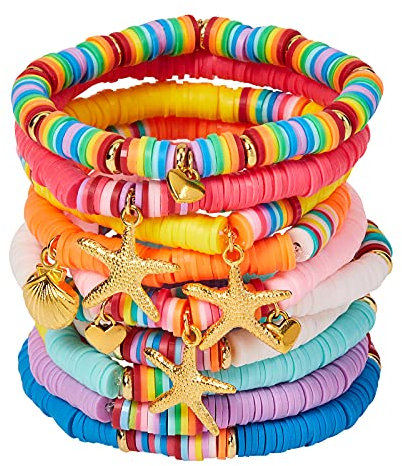 BEEFLYING 10 Pièces Bracelets Bohèmes Perles d'Argile Bracelets Extensibles Bracelets Arc-en-Ciel Faits à la Main Disque Boho Heishi Bracelet Extensible pour Femmes