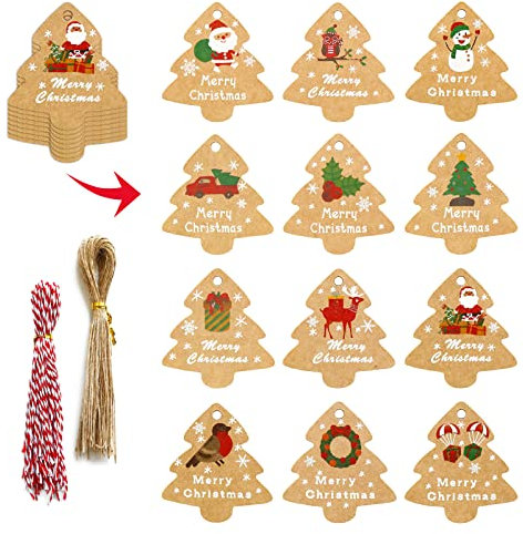 Geschenkanhänger Weihnachten 96 Stück, Kraftpapier Anhänger Weihnachten,Christmas Tags, Weihnachtsdeko Basteln,Weihnachten Kraftpapier Etiketten für Weihnachts Geschenk Label Weihnachten Dekoration