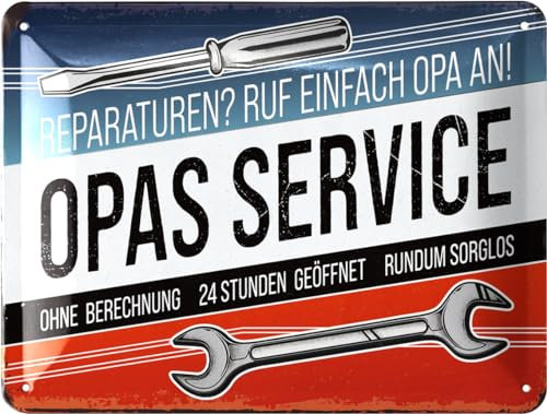 LANOLU Retro Blechschild OPAS SERVICE - Schild Werkstatt OPA - Geburtstagsgeschenk, Vatertagsgeschenk Schild für Opas - lustige retro Deko mit Spruch 15x20cm