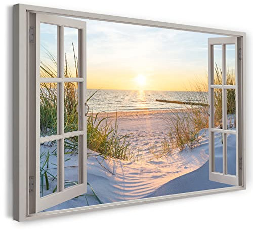 Printistico Bilder Fensterblick 80x60cm Baumwoll-Leinwand auf Keilrahmen mit Aufhänger moderner Kunstdruck XXL Wandbilder Wand-Dekoration Strand Meer Sand Sonnenuntergang Urlaub - Natur-Fotografie
