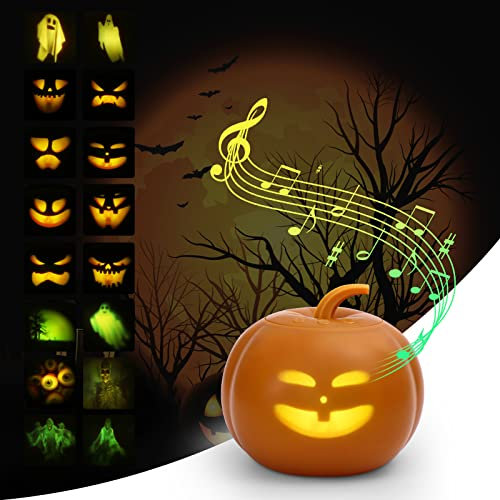 Litake Lampe de Projection Animée Citrouille Halloween, 16 Animations et Effets Sonores,Version Anglaise,Haut-parleur Projecteur Intégré pour Halloween Décoration Fête de Famille