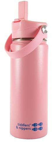 tiddlers & nippers Stainless Steel Vacuum Insulated Double Wall Kids Reusable Water Bottle with Leak Proof Straw 500ml | Keeps Cool for 24hrs & Warm for 10hrs + (Pink)