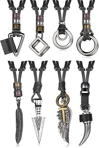 Diamday 8 Stück Leder Halskette für Männer Frauen Vintage Anhänger Leder Cord Halsketten Schwarze braune Feder Pfeilspitze Wolfszahn Flügel Doppelring Pullover Kette Statement Herren Halskette