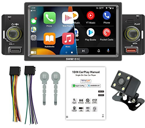 Compatible with Apple CarPlay Android Auto Single Din Car Stereo Bluetooth 5 Inch Touchscreen Car Radio with FM Radio Mirror Link for iOS Android USB TF Car MP5 Player with 4LED Reverse Camera