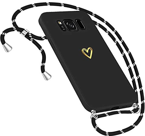 Handykette Hülle für Samsung Galaxy S8 Hülle mit Band Necklace, Herz Motiv Muster Handyhülle für Samsung Galaxy S8 Hülle mit Kette mit Kordel zum Umhänge Band Ultra dünn Samsung S8 Hülle (Schwarz)