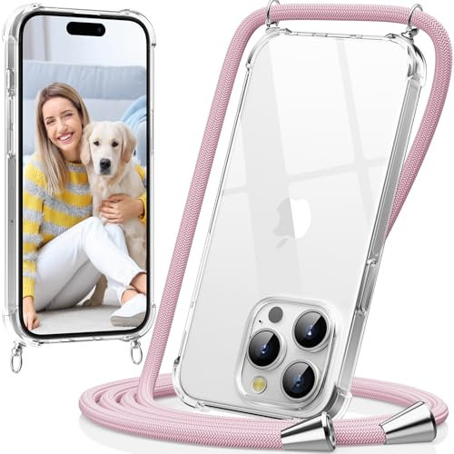 caslord Handyband kompatibel mit iPhone 15 Pro 6,1 Zoll, Necklace Hülle mit Bands Handyhülle für zum Umhängen, Transparent Case mit Handykordel,Stoßfeste Schutzhülle zum Umhängen Kordel, Roségold
