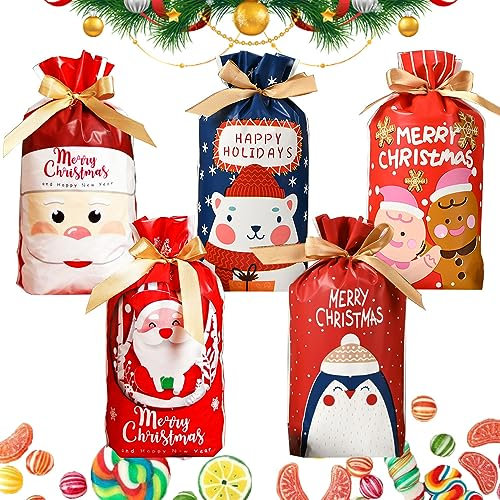 50 Stück Weihnachtsbonbontüte,Weihnachten Geschenkbeutel mit Kordelzug,Weihnachtsgeschenkbeutel,Weihnachtstüten Süßigkeiten,Partytüten mit Kordelzug,Kekstüten Weihnachten,Bonbon Tasche (Weihnachten A)
