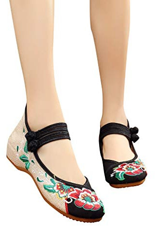 Women Chinese Style Vintage Embroidered Vintage Mary Jane Flats Walking Dancing Shoes Low Wedge Heel Ballet Dress Shoes Black