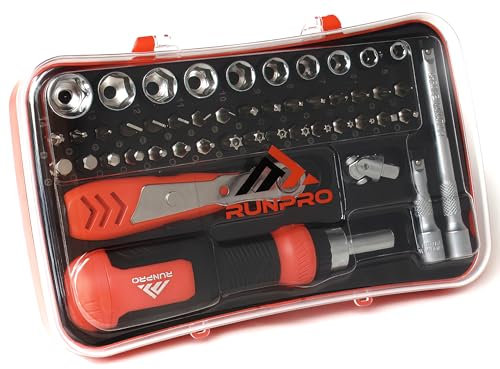 RUNPRO Coffret à cliquet outils 47 pcs multifonctions kit à cliquet tournevis et clé 1/4 ensemble boite set complet avec embouts douilles extensions courtes longues et articulées