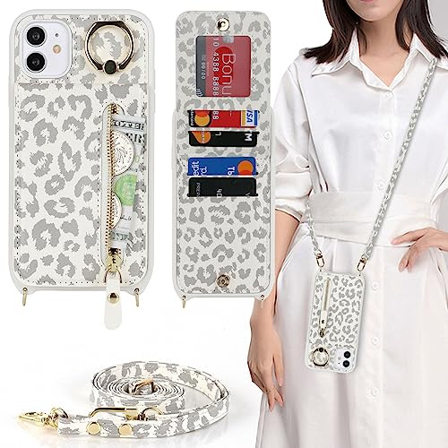 Cavor Phone Case compatible with iPhone 11 With Strap,Flip Folio Leather Wallet Case,[4 Card Holder][Ring Stander][Zip pocket] Crossbody Lanyard Cover - White Leopard