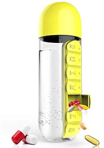 Kunststoff-Wasserflasche, Reise-Wasserkocher, Leicht, 600 Ml, mit Pillendose für Outdoor-Fitness (Gelb)