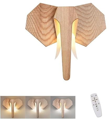 LED Wandleuchte Innen Holz Dimmbar Wandlampe mit Fernbedienung 12W Kreative Elefanten 2-flammig Wandbeleuchtung Nachttischlampe Modern Dekor Wand Holzlampe für Schlafzimmer Wohnzimmer Flur,32 x 36cm