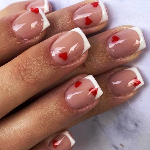 Brishow La Saint Valentin Faux Ongles Rouge Cœur Press on Nails French Court Rose Faux Ongles à Coller Ballerine Acrylique 24pcs pour Femmes et Filles (b)