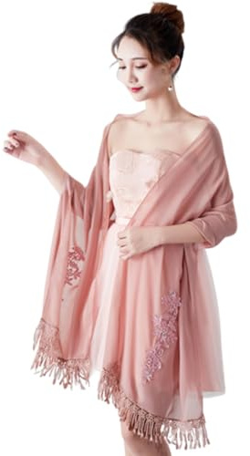 SamHeng Damen Tüll Schals und Wraps für Abendkleider, Elegant Gestickte Blume Strass Stola Wrap, Hochzeit Shawl Quasten Pashmina Wrap für Braut Brautjungfern Proms Partykostüm (Dunkelpink)
