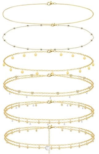 LOLIAS 6 Stück 14K vergoldete Taillenketten Körperketten für Damen mehrlagige Bikini Bauchketten für die Taille Sommerstrand, Strassperlen böse Augen goldener Körperschmuck verstellbar