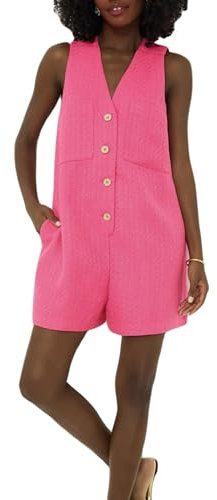 LifeShe Ärmelloser Jumpsuit für Damen, Tweed, Jackie, Sommer, V-Ausschnitt, Knopfleiste, kurzer Jumpsuit, lockerer Overall, Pink, Large