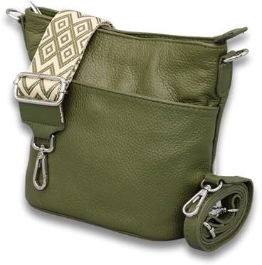 ADEL Damen Umhängetasche Echtes Leder LINA Handgemachte Crossbody Bag 4 Fächer Schultertasche mit Ledergurt + Breitem Gemustertem Riemen wasserdichte Stylische Made in Italy (Khaki)