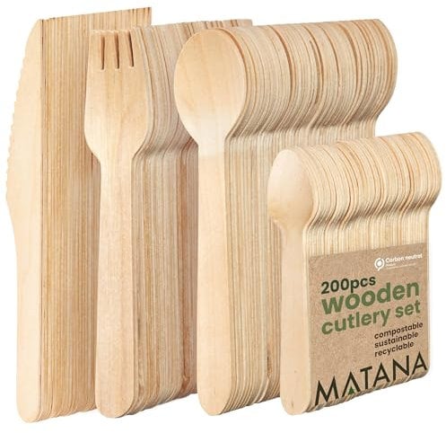 MATANA 400 Premium Wooden Cutlery Set - 100 Forks, 100 Knives, 100 Spoons, 100 Teaspoons - Biodegradable & Compostable -16 cm Birch Wood, Smooth & Splinter-Free, Plastic-Free Party Cutlery