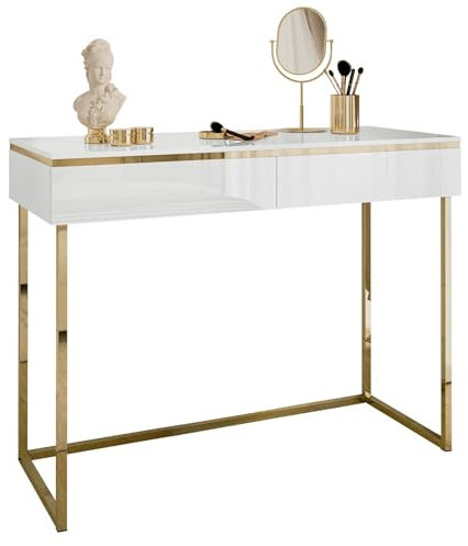 lukmebel - Schminktisch mit Schubladen - Konsolentisch Schmal mit Beinen in Gold - Make Up Tisch Frisiertisch Kosmetiktisch Konsoleb Glanz Weiß Gold - Aurora