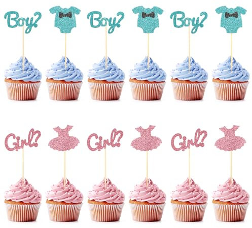 AHQiZFX 12 Stück Junge oder Mädchen Cupcake Toppers,Boy or Girl Tortendeko Babyparty,Baby Cupcake Toppers,Glitzer Gender Reveal Party Deko,für Baby Shower Kindergeburtstagtoppers Glitter Blau und Rosa