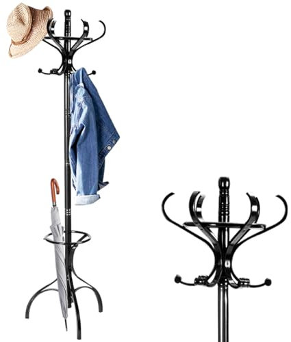 HOMASIS 182cm Kleiderständer, Garderobenständer mit 12 drehbaren Haken & Schirmständer, Jackenständer Garderobe aus holz für Mänteln, Hüten & Taschen, Standgarderobe für Schlafzimmer & Flur (Schwarz)