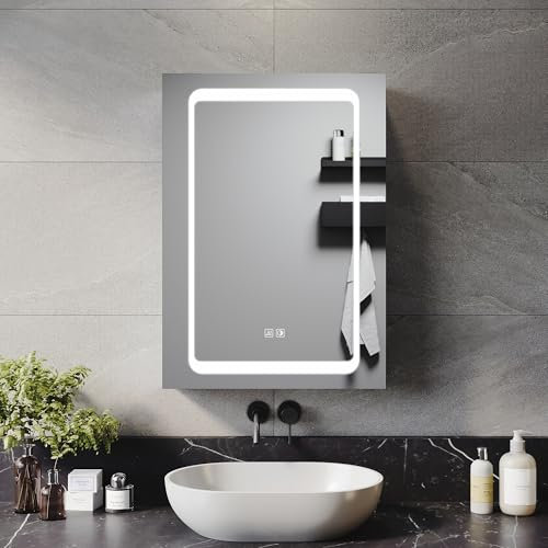 ELEGANT 500x700mm Illuminated Bathroom Mirror Cabinet Single Door Mirrored Storage Cupboard 3 Colors Dimmable LED Bathroom Mirror Cabinet with Shaver Socket & Demister Pad & Touch Sensor Aluminum