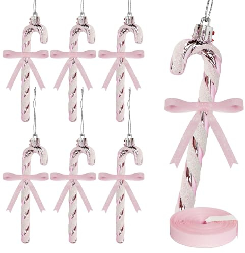 Candy Cane Christmas Decorations, 6Pcs Candy Cane Hanging Ornaments with 1 Roll of Glitter Ribbon for Christmas Tree Decoration (Pink)