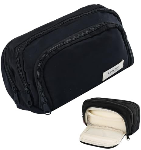 Black Expandable Pencil Case, Big Capacity with Compartments for Girls Boys | Lightweight Zip Pencil Pouch Pen Bag for Girls Teenage Stationery Organizer, Makeup Bag for Women, Men
