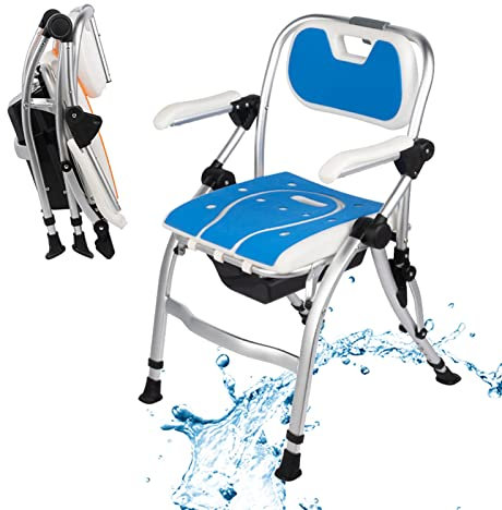 WOTZOV Nachtstuhl mit Einstellbarer Höhe, Toilettenrollstuhl, Klappbarer Toilettenstuhl mit einem Knopfdruck, multifunktionaler Duschstuhl, Verwendung als Mobile Toilette, Reise